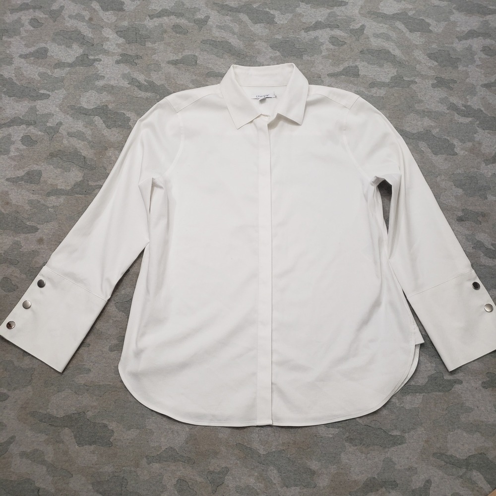 Chico's Top Womens 6 White Snap Cuff Long Sleeve Button-Up